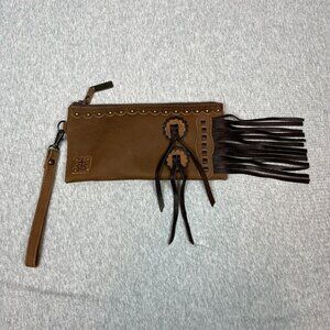 StS Genuine Leather Fringe Zip Clutch Wristlet O/S Brown Western Tassel Bag